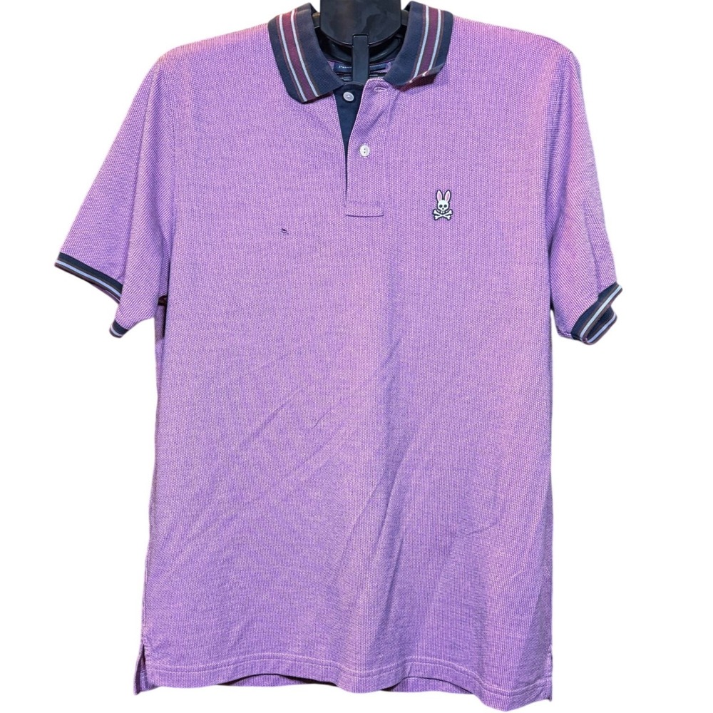 Psycho Bunny Mens Purple Pima Cotton Striped Collar Polo Shirt Size 7 XXL